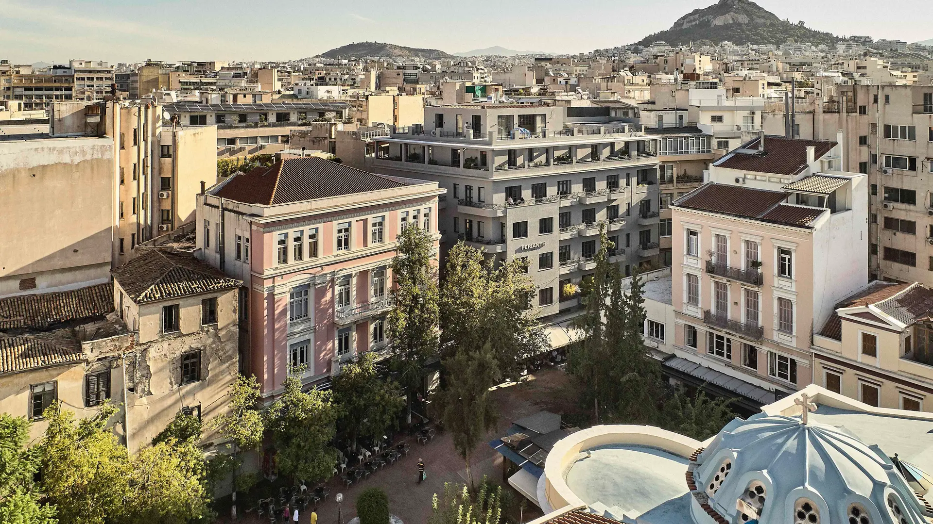 Bird view of Athens and the Perianth Hotel.